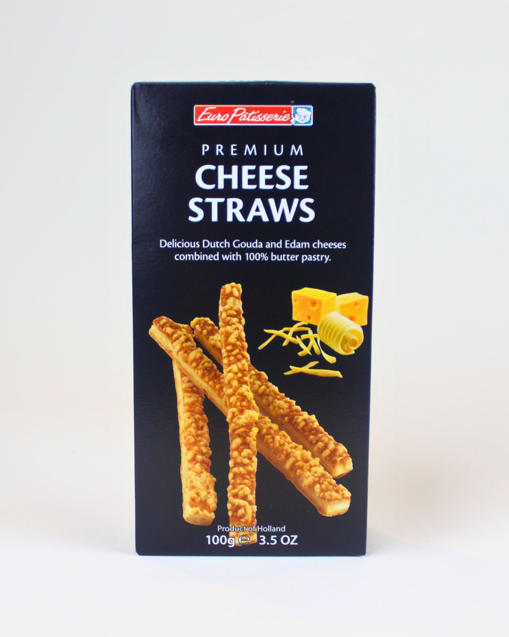 Box of Premium Cheese Straws with cheese illustration on a white background