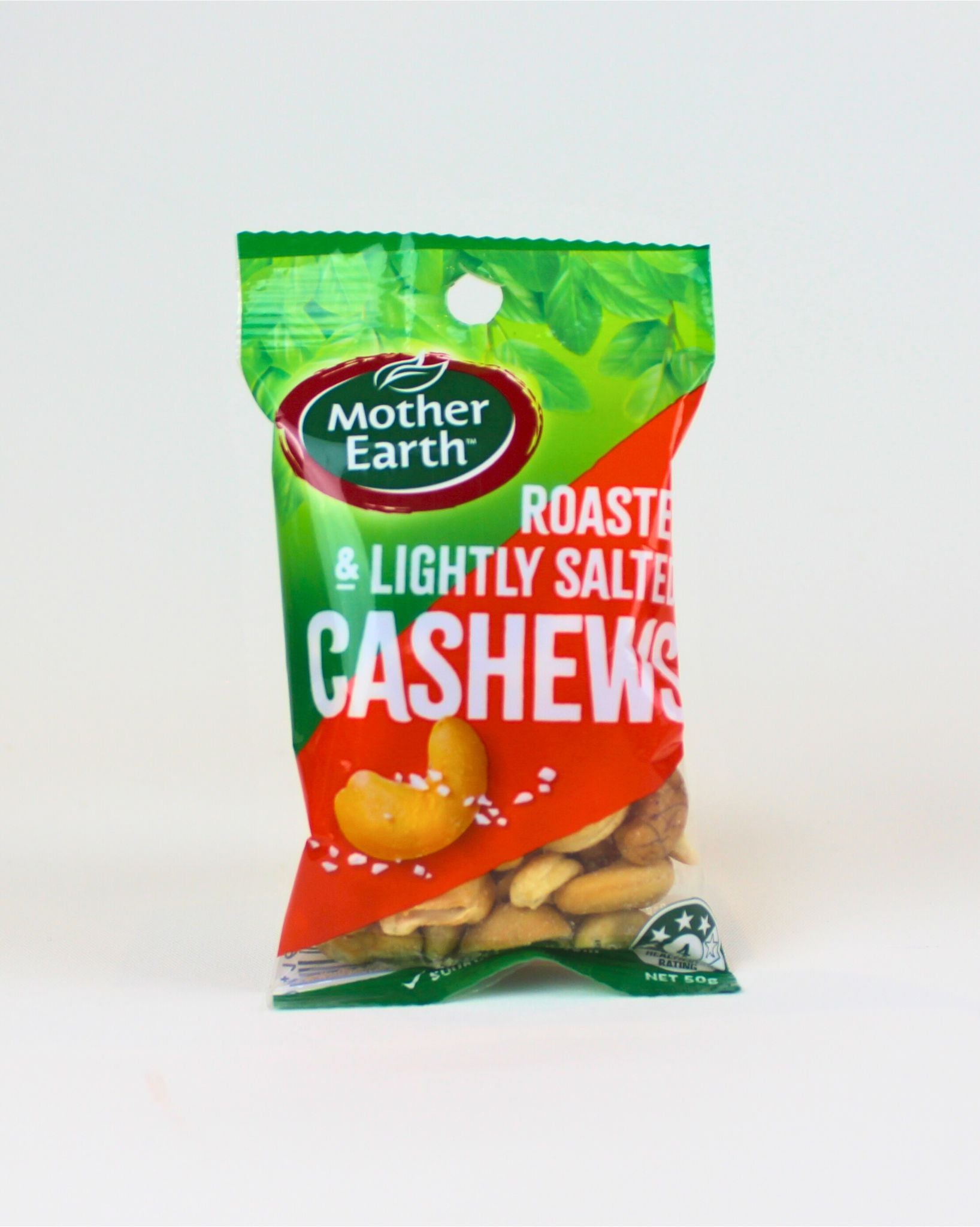 Bag of Mother Earth roasted and lightly salted cashews on a white background