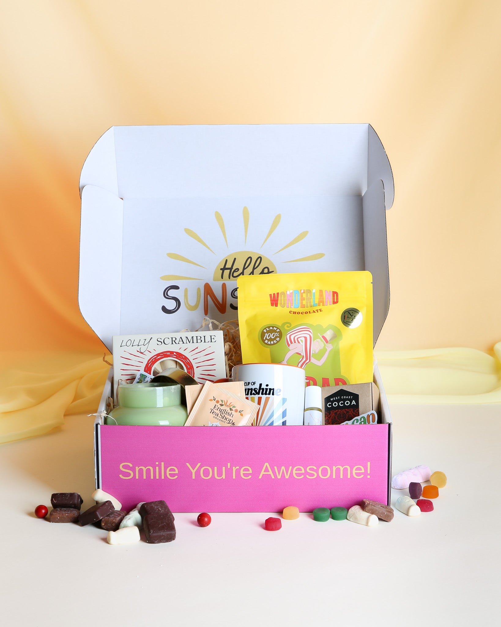 Box-Full of Sunshine Gift Box NZ – playful and thoughtful gift box with candle, treats, tea, mug, and personalised card, ideal for sending joy across New Zealand.