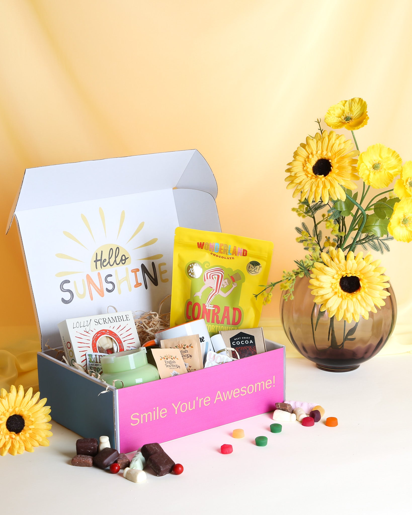 Box-Full of Sunshine Gift Box NZ – cheerful candle, treats, tea, mug, and personalised card, beautifully packaged for NZ-wide delivery, perfect for birthdays or just-because gifts.