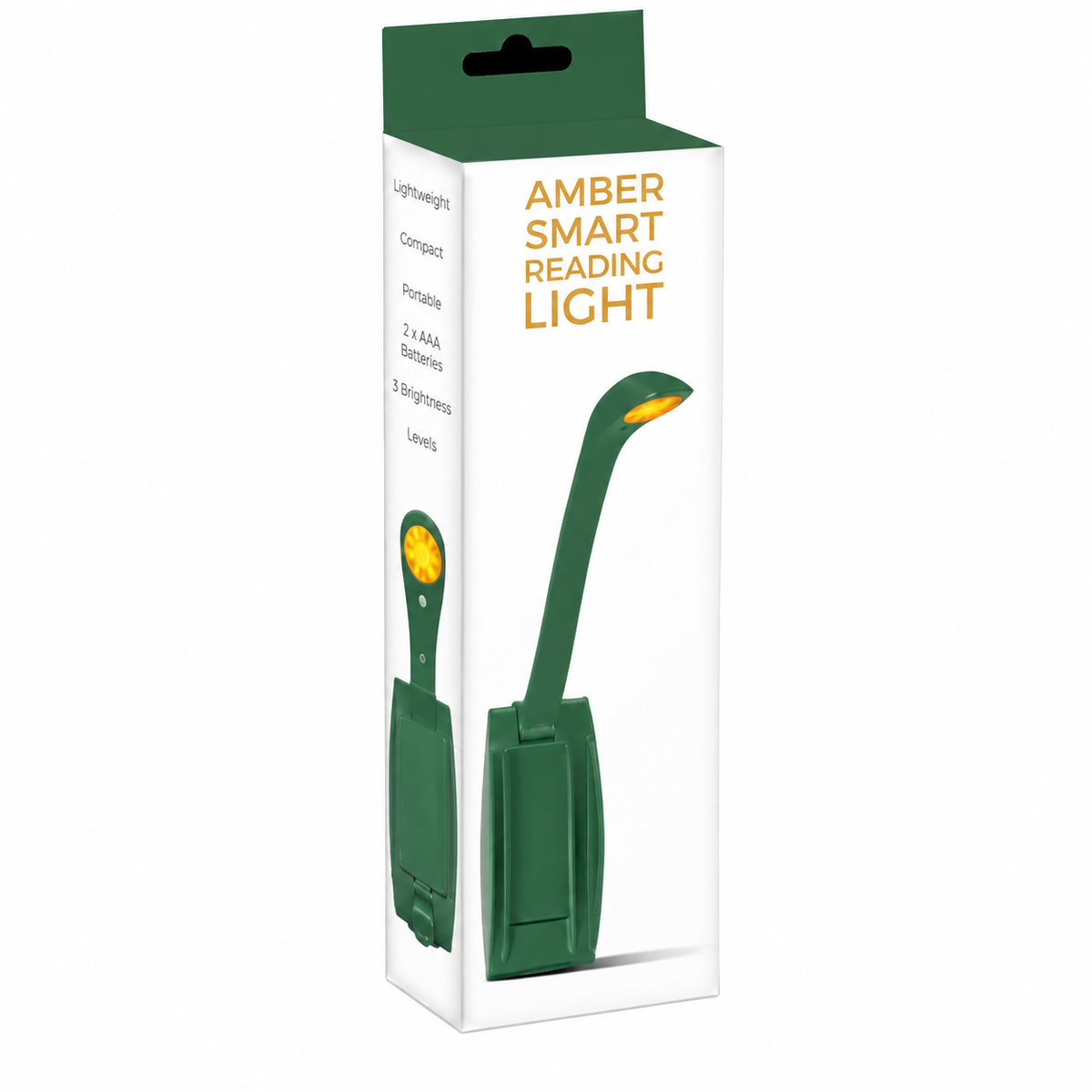 Amber Smart Reading Light in green – portable clip-on book light with 3 brightness levels