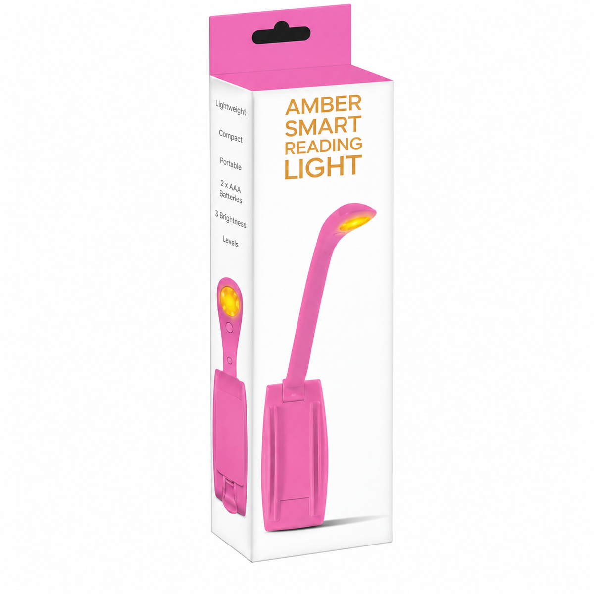 Amber Smart Reading Light in pink – portable clip-on book light with 3 brightness levels