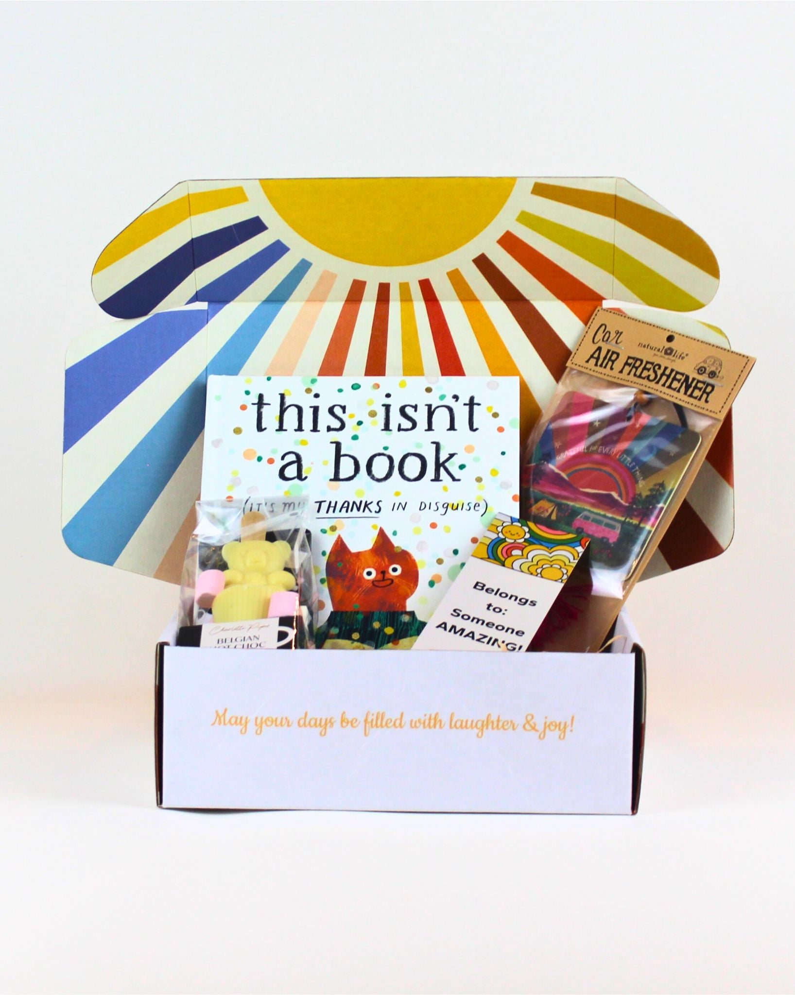 “This appreciation-themed gift box includes a fun thank-you book, a gratitude air freshener, and a hot chocolate spoon, designed to show thanks in a meaningful and uplifting way.”