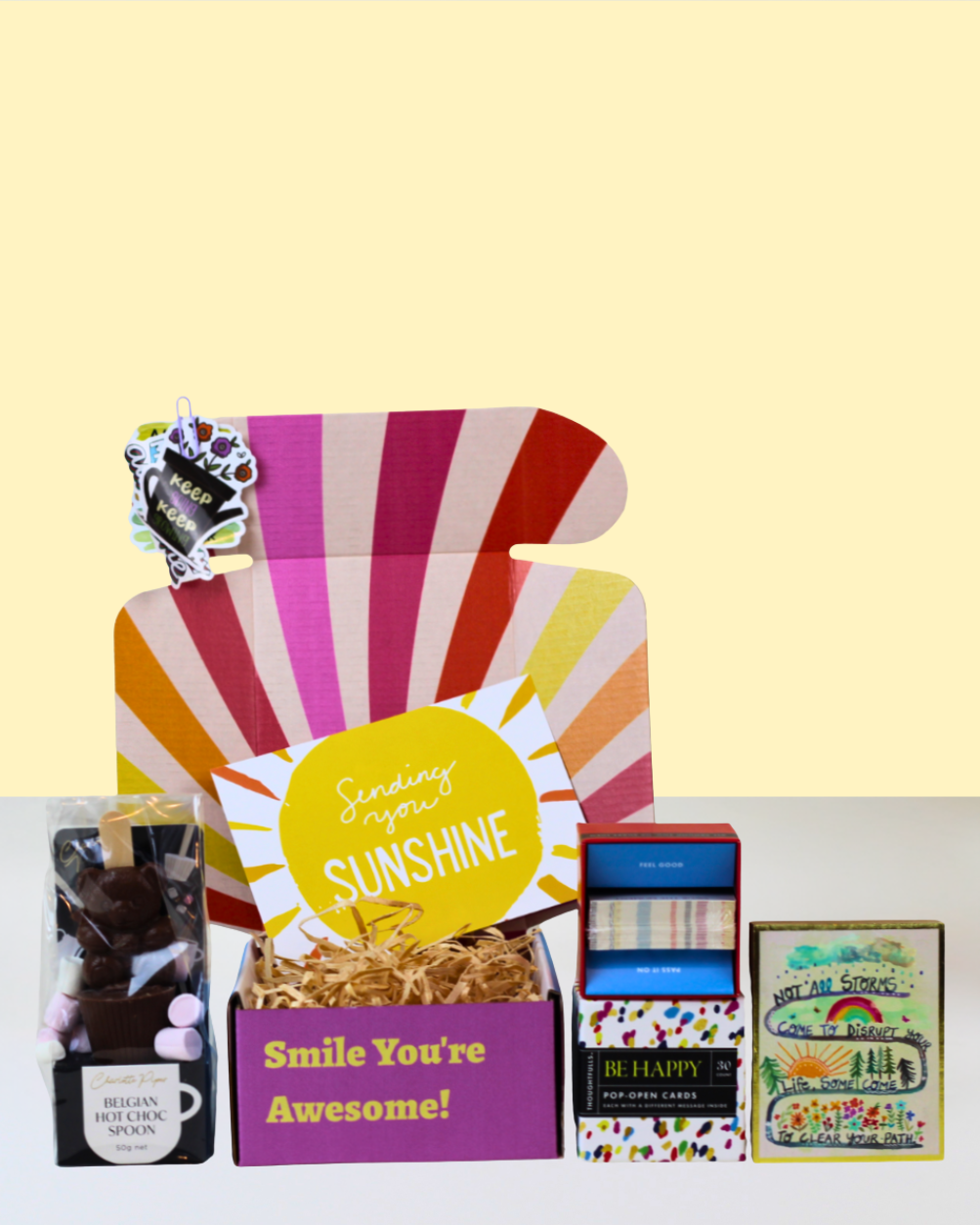 Bad Days Gift Box by A Box-Full featuring a Charlotte Piper teddy bear hot chocolate spoon, Happy ThoughtFulls pop-open inspirational cards and a wooden keepsake with an uplifting message.