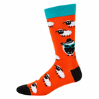 Bamboozld bamboo crew sock in orange with black and white sheep, a teal cuff and black heel and toe, available at A Box-Full