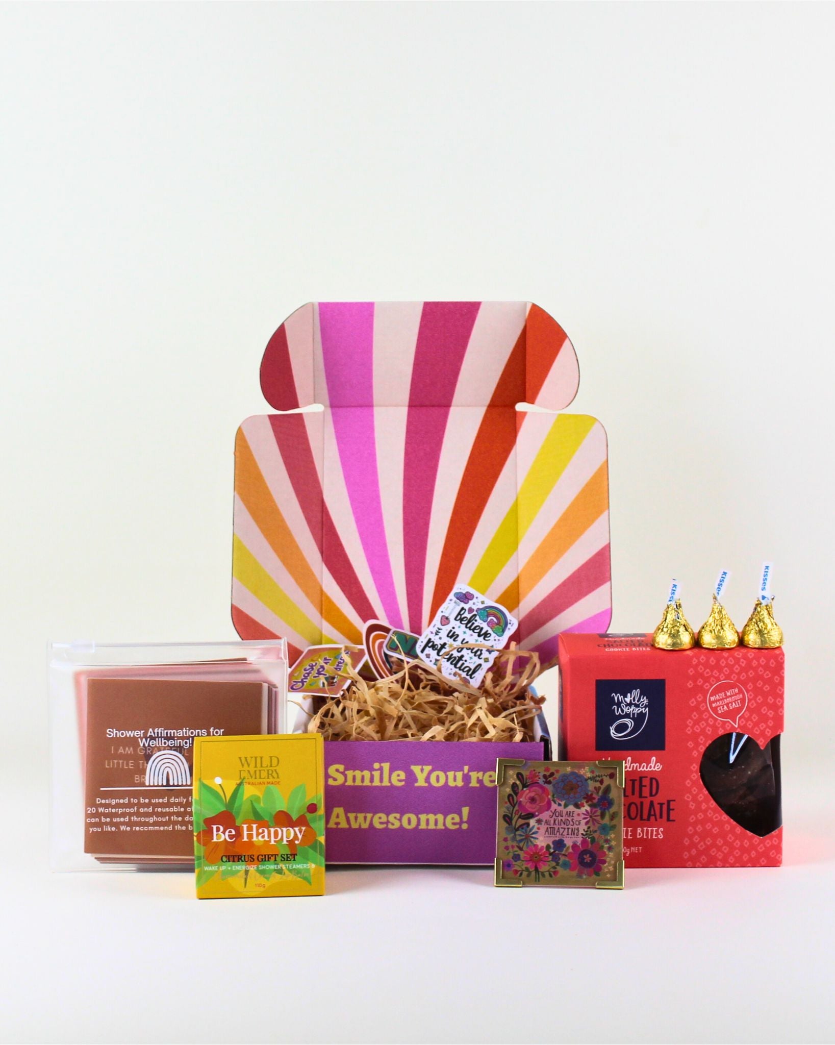 Be Happy & Feel Good wellness gift box NZ with cookies, affirmations, shower steamers and self-care treats