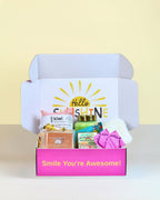 Self-Care Gift Box Box-Full of Self-Care NZ with peppermint foot soak, sleep mask, Kiwi wheatbag, green pear candle, shower affirmations, treats, and personalised card