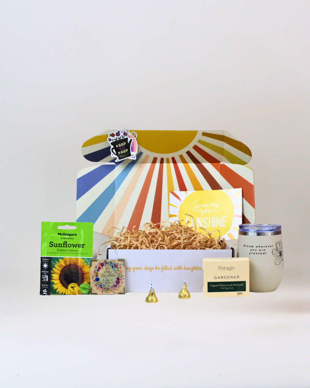 Bloom Where You Are Planted gift box with insulated travel mug, flower seeds, gardener's soap and floral keepsake magnet.