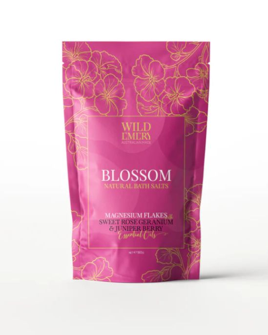 Wild Emery mineral bath soak with rose geranium and juniper berry oils, ideal as a wellness gift for her in NZ for a calming, skin-loving bath experience.

