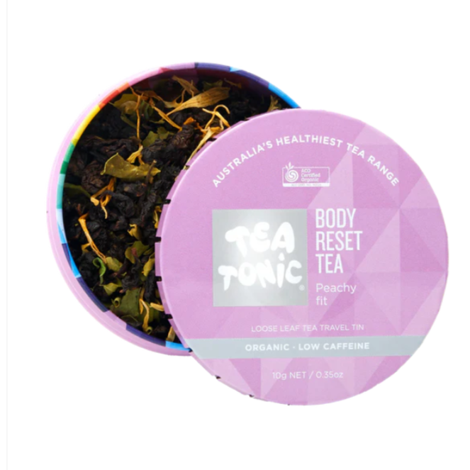 Tea Tonic Body Reset organic loose leaf tea in a travel-sized tin with peach and nectarine flavoured botanical blend.