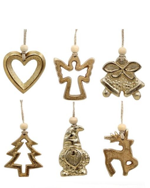 Brass Christmas tree keepsake ornaments in six festive designs NZ