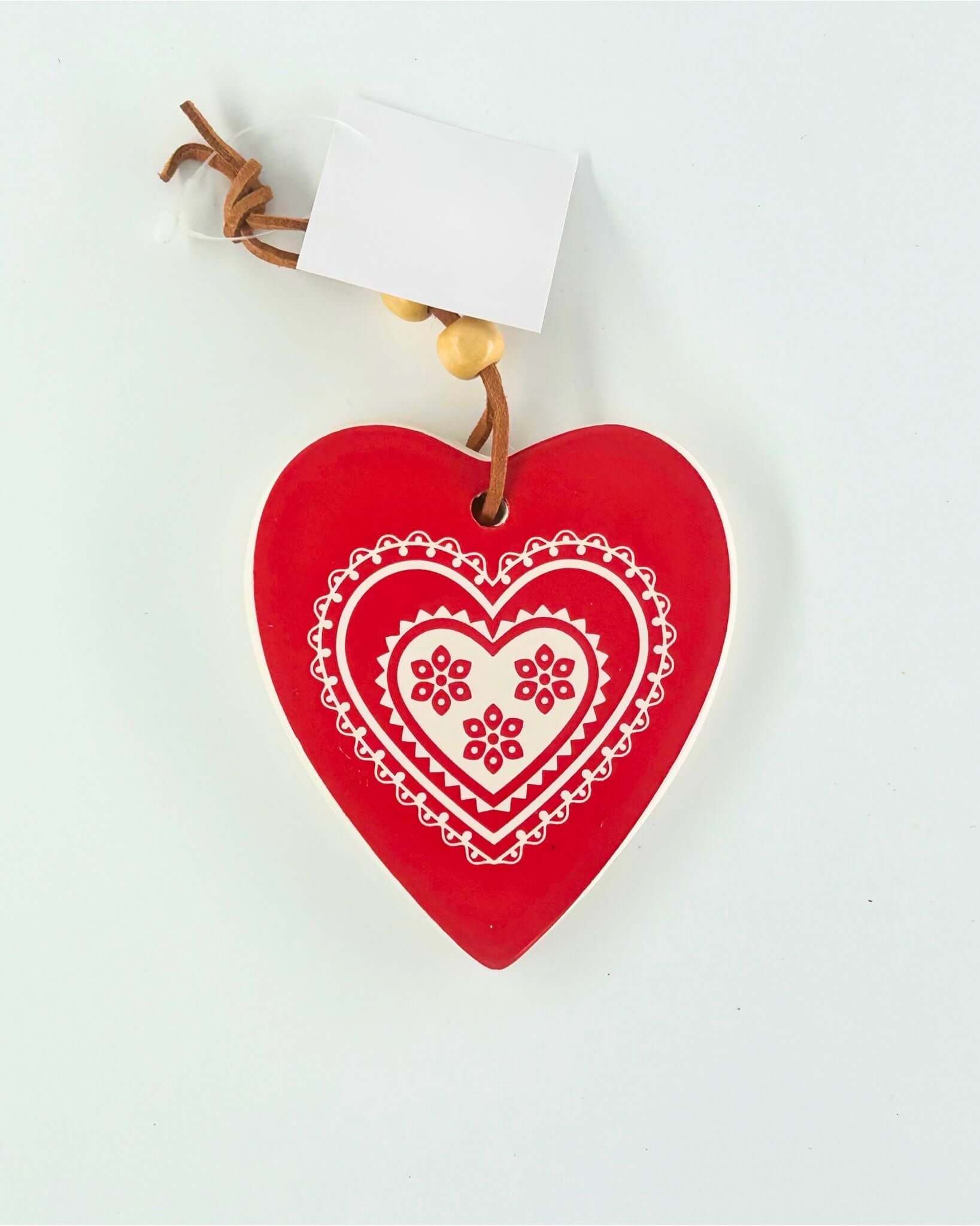 Ceramic Christmas Wishes hanging heart with red festive pattern Christmas keepsake NZ