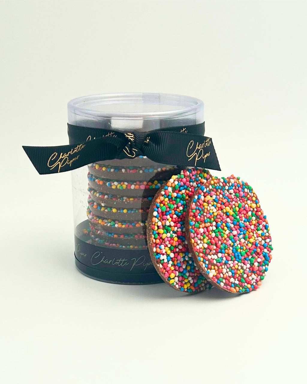 Charlotte Piper sprinkle chocolate disks, delicious boutique chocolates – perfect for gift boxes, celebrations, birthdays, and sweet treats.