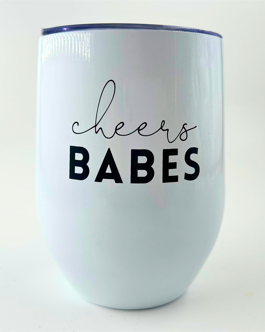 Light pink Cheers Babe wine tumbler with the words Cheers Babes,  part of Fun & Thoughtful Gift Boxes NZ – a stylish drinkware gift from Unique Gift Boxes New Zealand