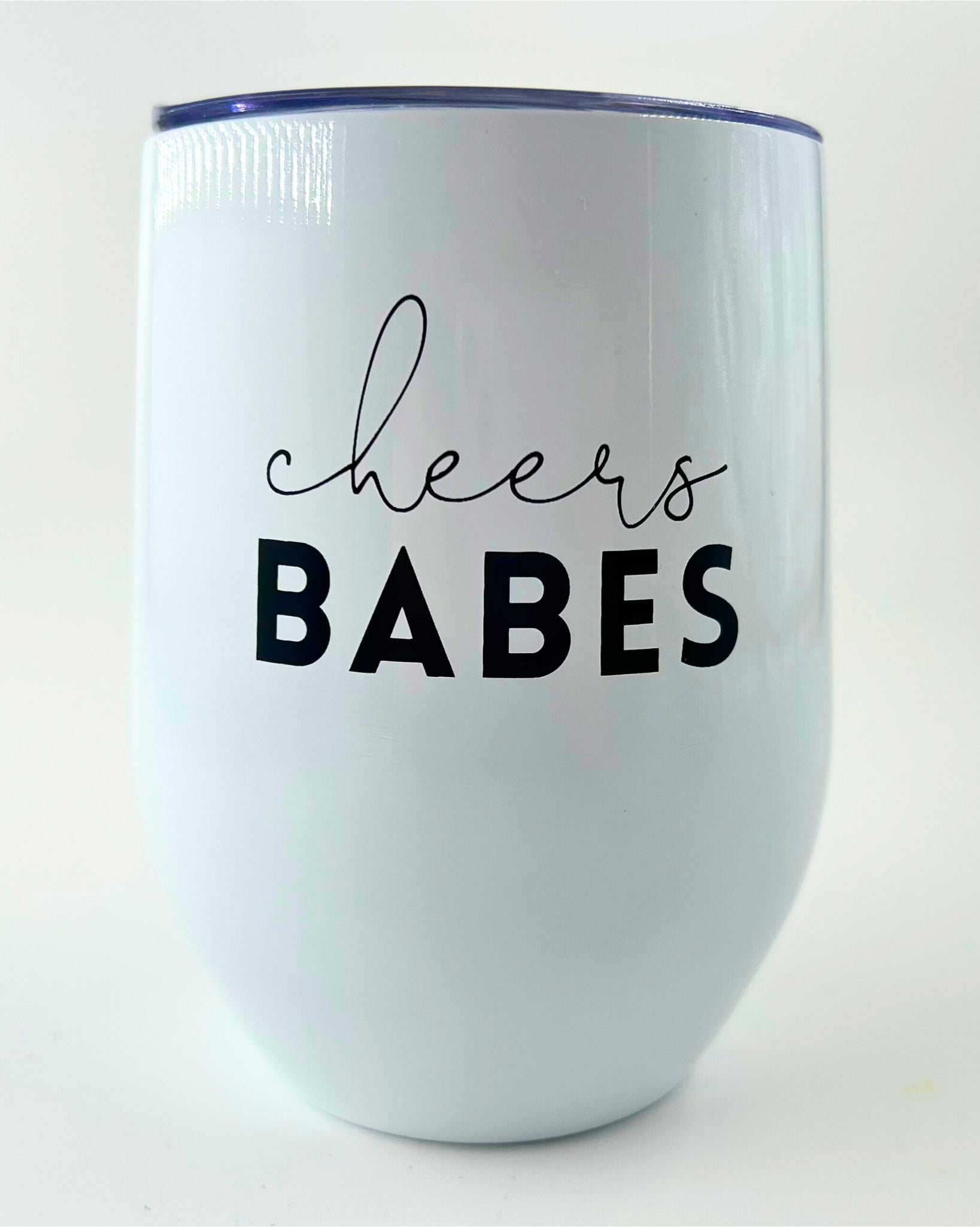 Light pink Cheers Babe wine tumbler with the words Cheers Babes,  part of Fun & Thoughtful Gift Boxes NZ – a stylish drinkware gift from Unique Gift Boxes New Zealand