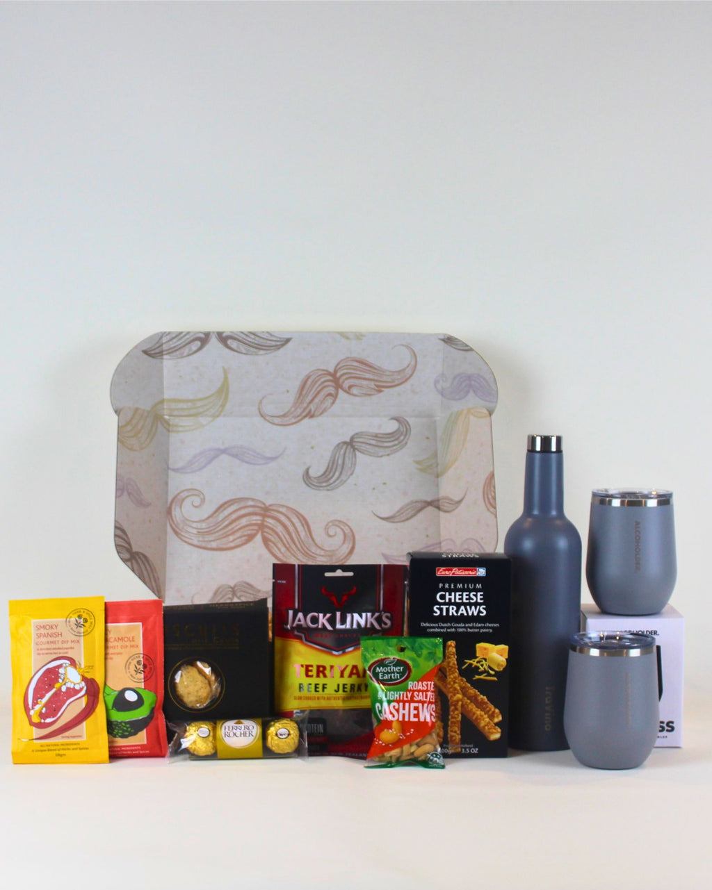 “Men’s gift box with wine flask, jerky, and outdoor tumblers – quirky fun gifts NZ for him”