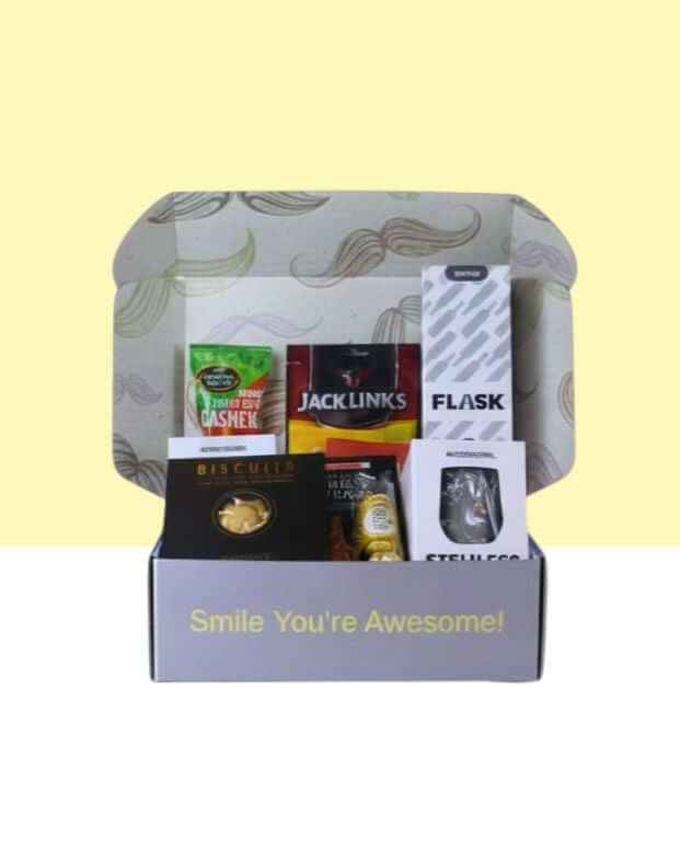 Quirky Fun Gifts NZ Cheers & Chomp Gift Box with wine flask, tumblers, premium snacks, and chocolate treats for him