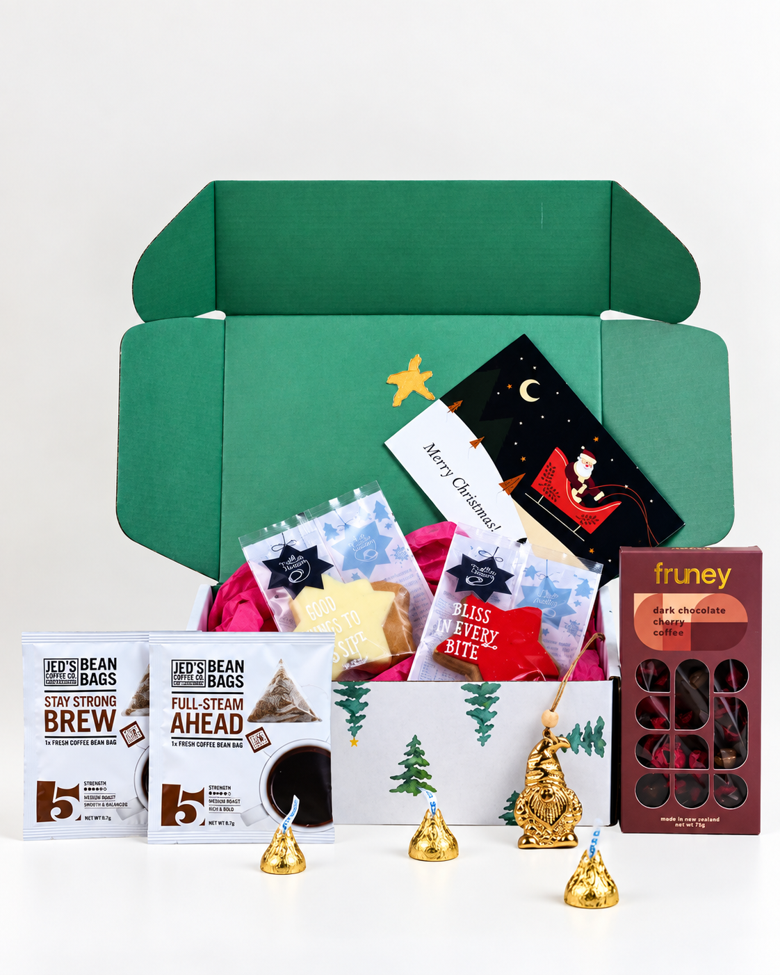 Christmas Coffee Break $47.99 gift box with Jed’s coffee, Molly Woppy festive cookies, dark chocolate and brass Christmas tree keepsake