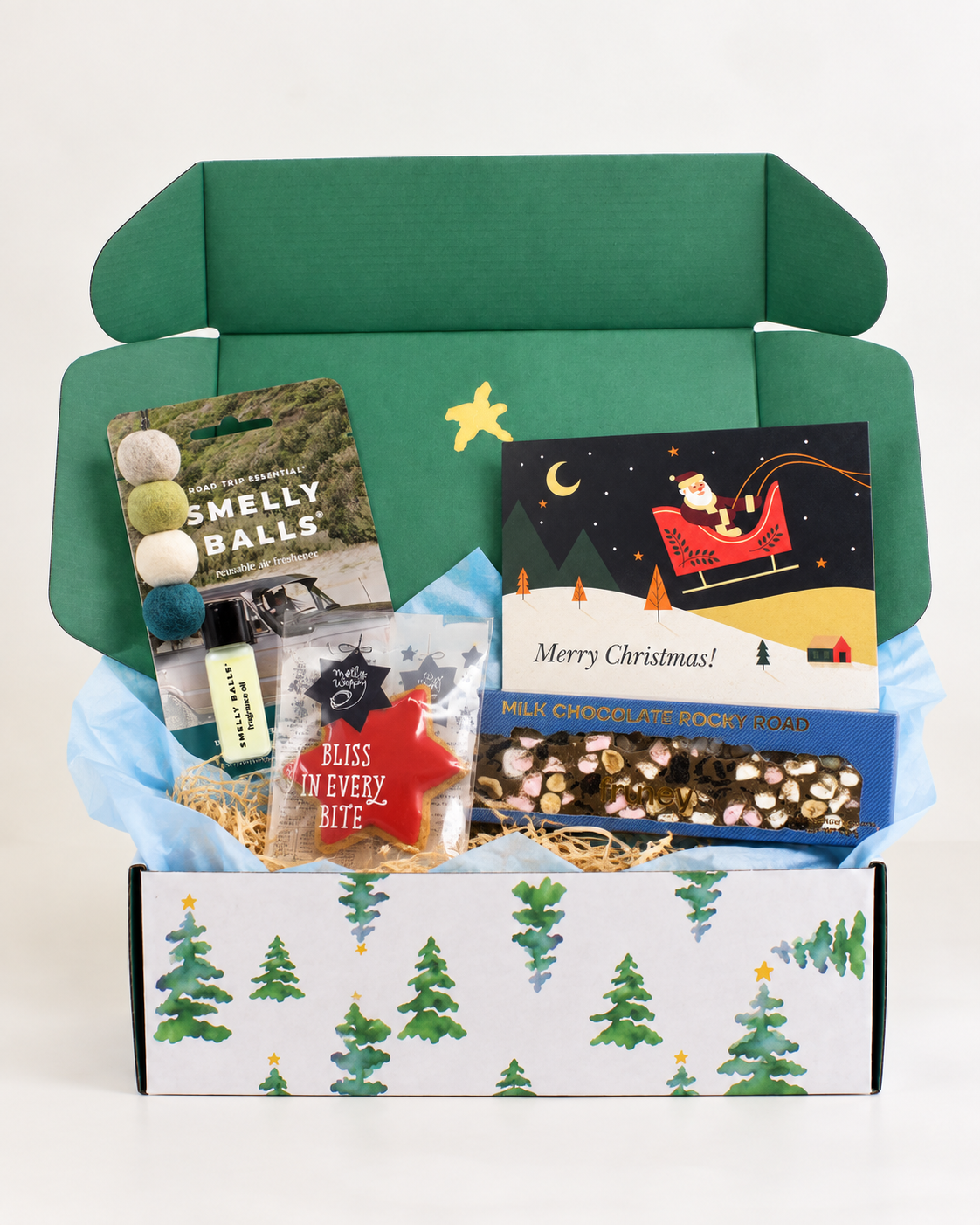 Christmas Road Trip Gift Box NZ with Smelly Balls car air freshener, Fruney rocky road, Christmas cookie and personalised Christmas card