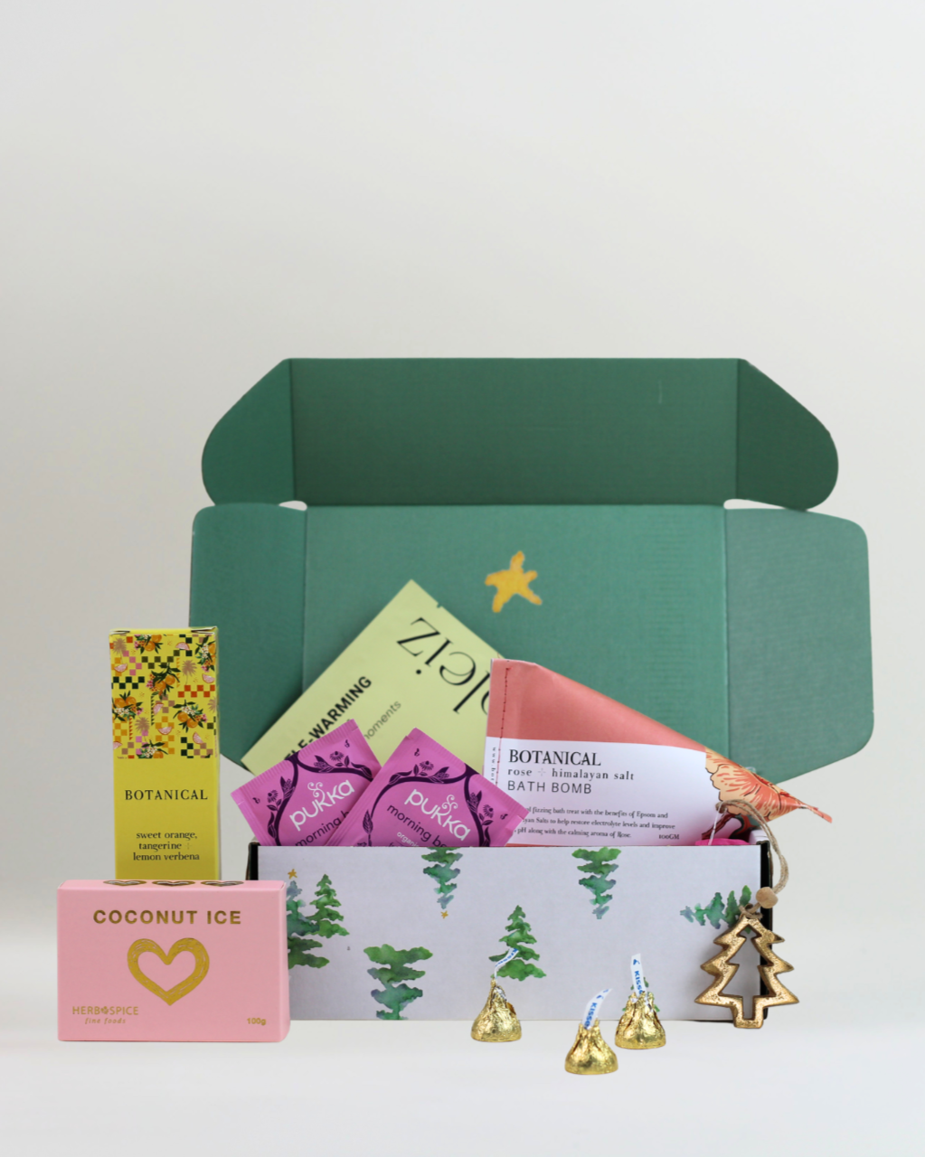 Christmas Wind Down $70 gift box with Botanical bath bomb, hand cream, self-warming eye mask, Pukka tea, coconut ice and brass Christmas tree keepsake