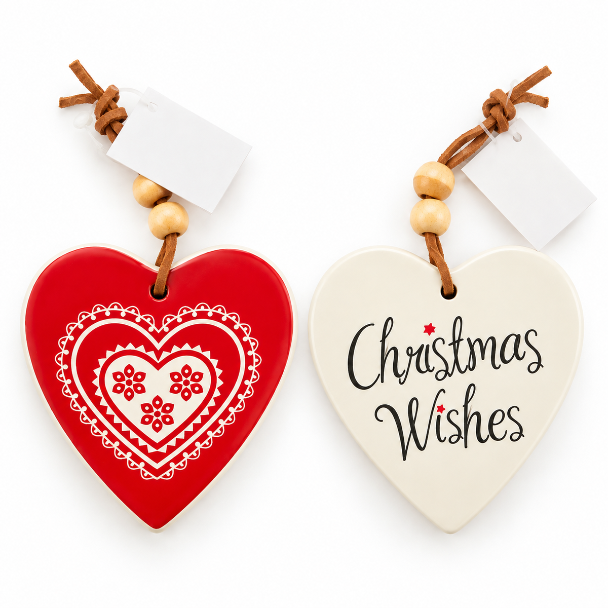 Red and cream Christmas Wishes hanging heart decoration showing the front and back design with wooden beads and hanging cord