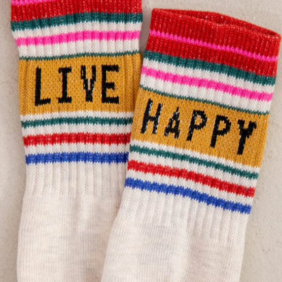 Colourful Live Happy and Peace & Love crew socks with vibrant patterns and uplifting messages.