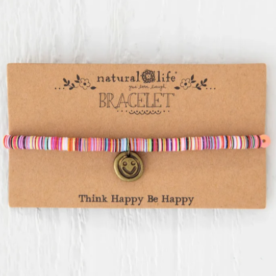 Wear a little happy! 😊💛 This colourful beaded bracelet features fun sequin-style discs and a cute smiley face charm with a LIVE HAPPY! message. Wear it alone or stack it with your favourite bracelets for a fun, colourful look.