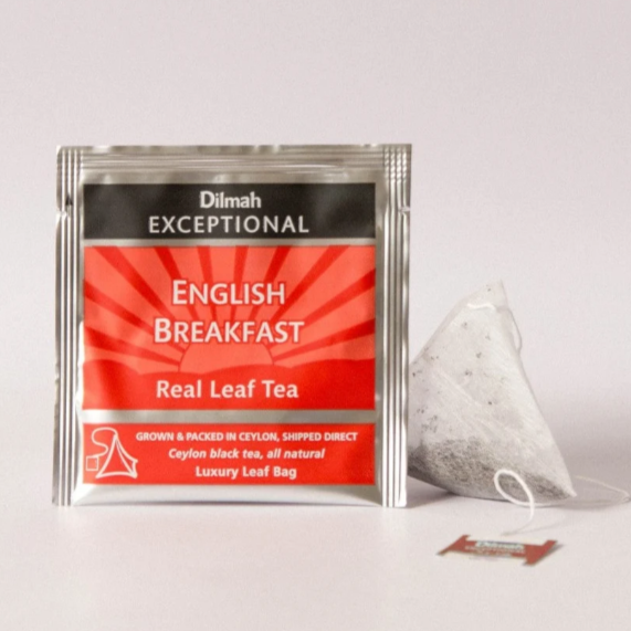 Two individually wrapped Dilmah Exceptional English Breakfast tea bags made with premium Ceylon black tea, perfect for adding to A Box-Full gift boxes.