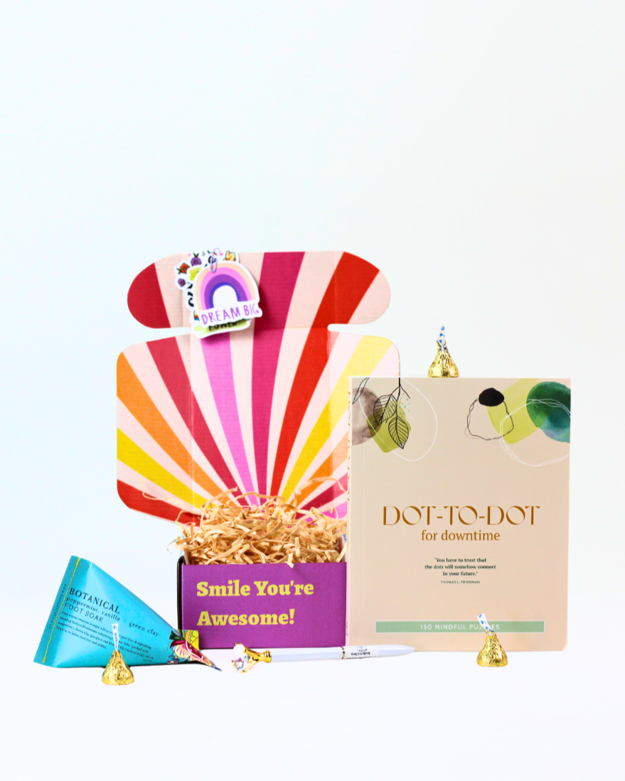 Dot by Dot Calm Gift Box featuring a dot-to-dot activity book, Botanical peppermint and vanilla green clay foot soak, elegant gem-like pen, Hershey's Kisses, and a personalised gift card, beautifully packaged for gifting.