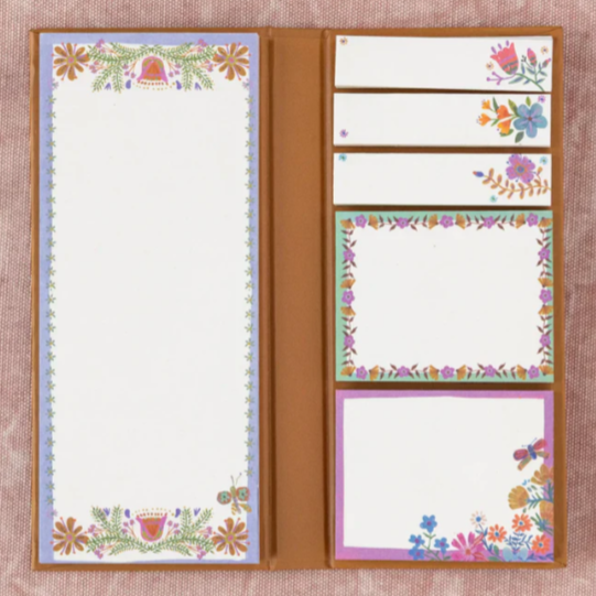 Floral sticky note book with colourful page flags and memo notes in a compact hard cover, perfect for organising work, study and daily tasks.
