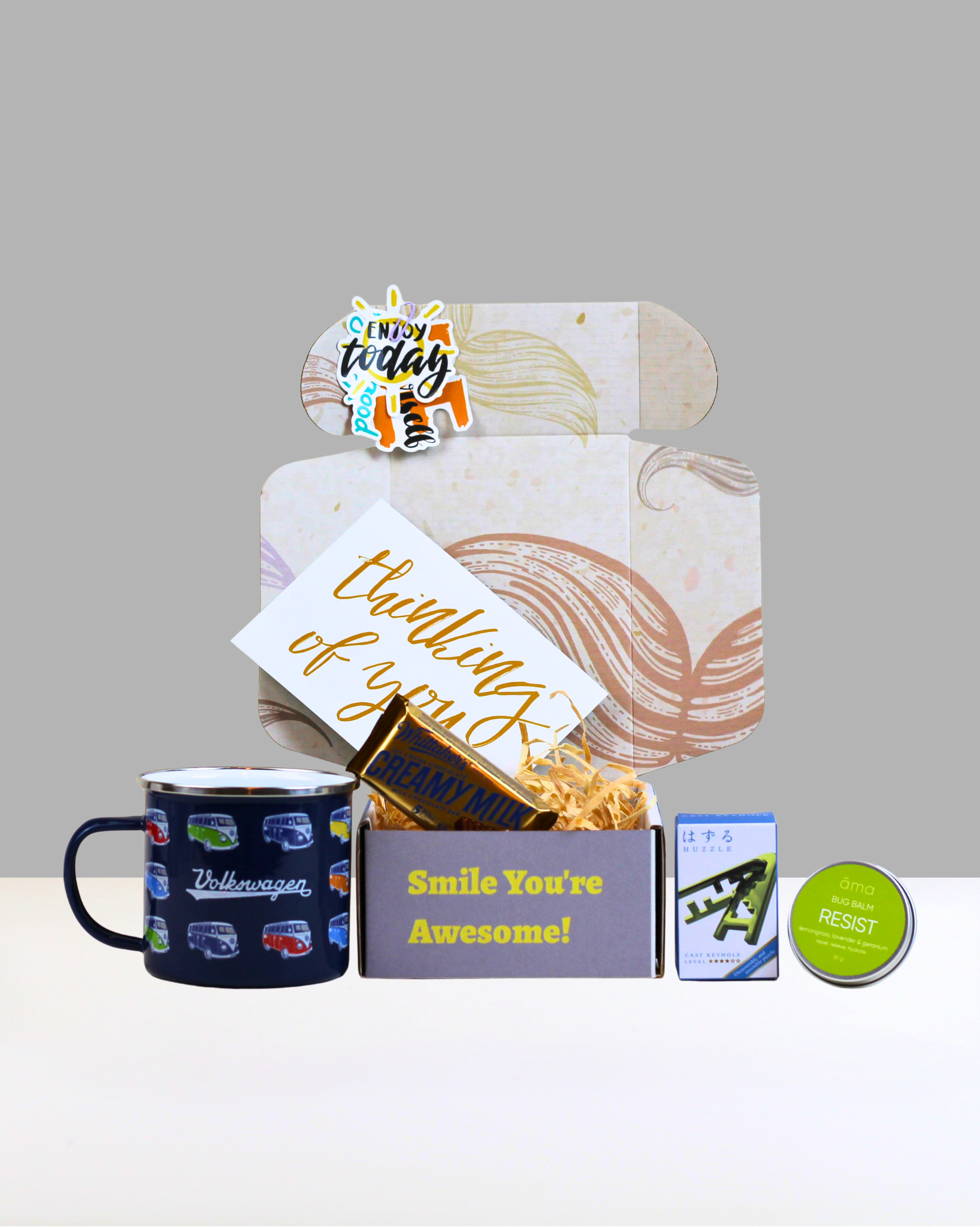 Camping gift box with Volkswagen camp mug and Whittaker's chocolate