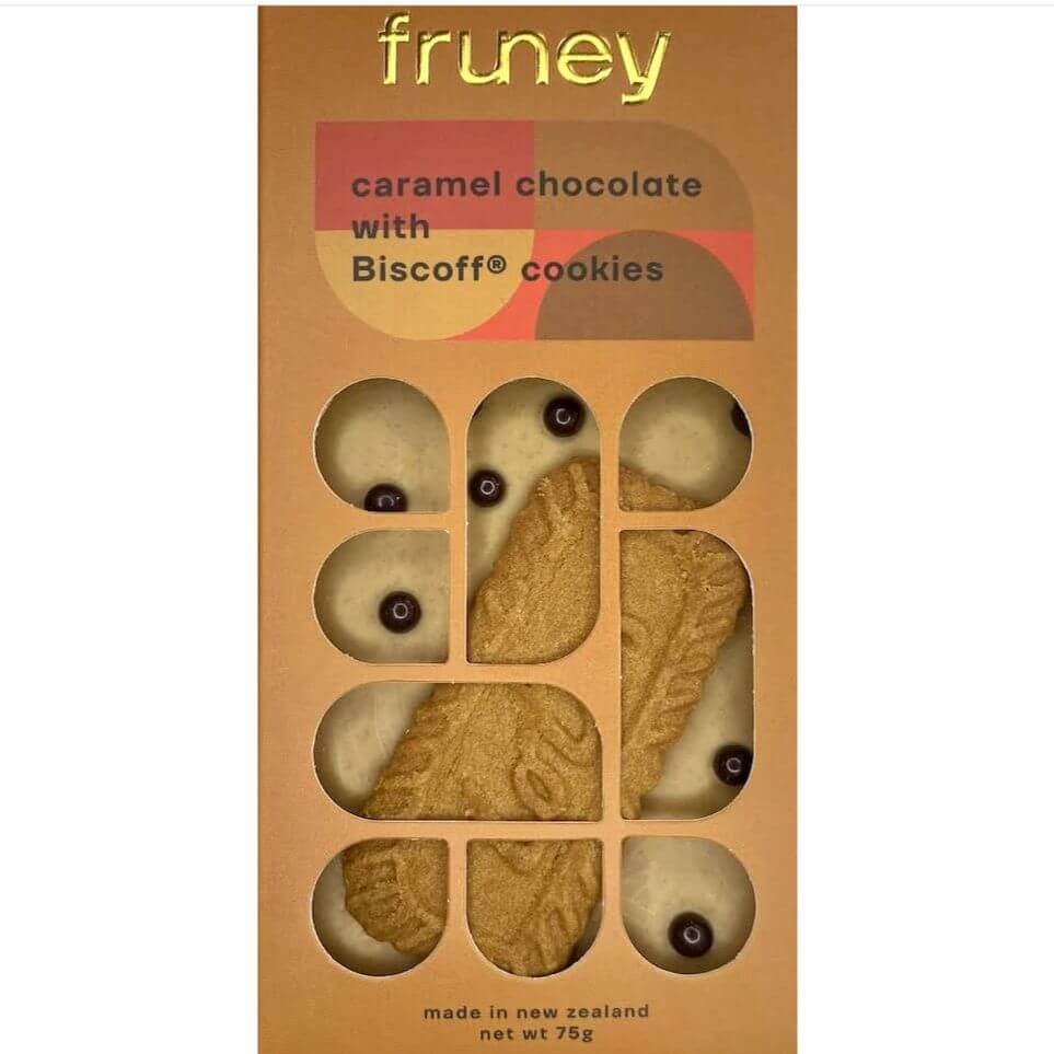 Fruney Caramel Chocolate & Biscoff Cookies Bar made with premium 30% caramel chocolate and crunchy spiced Biscoff cookie pieces, 75g. 