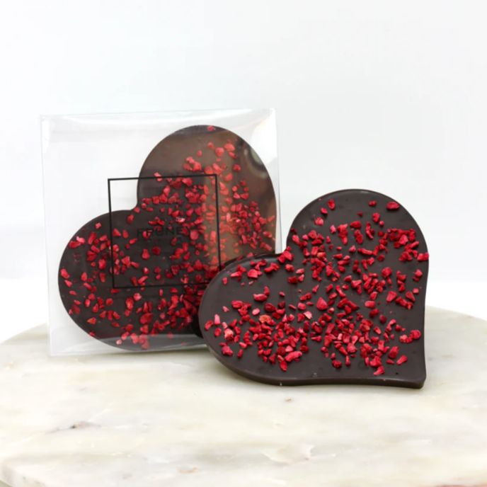 Heart-shaped Fruney dark chocolate and raspberry chocolate, a premium New Zealand chocolate gift perfect for Valentine’s Day and romantic occasions.