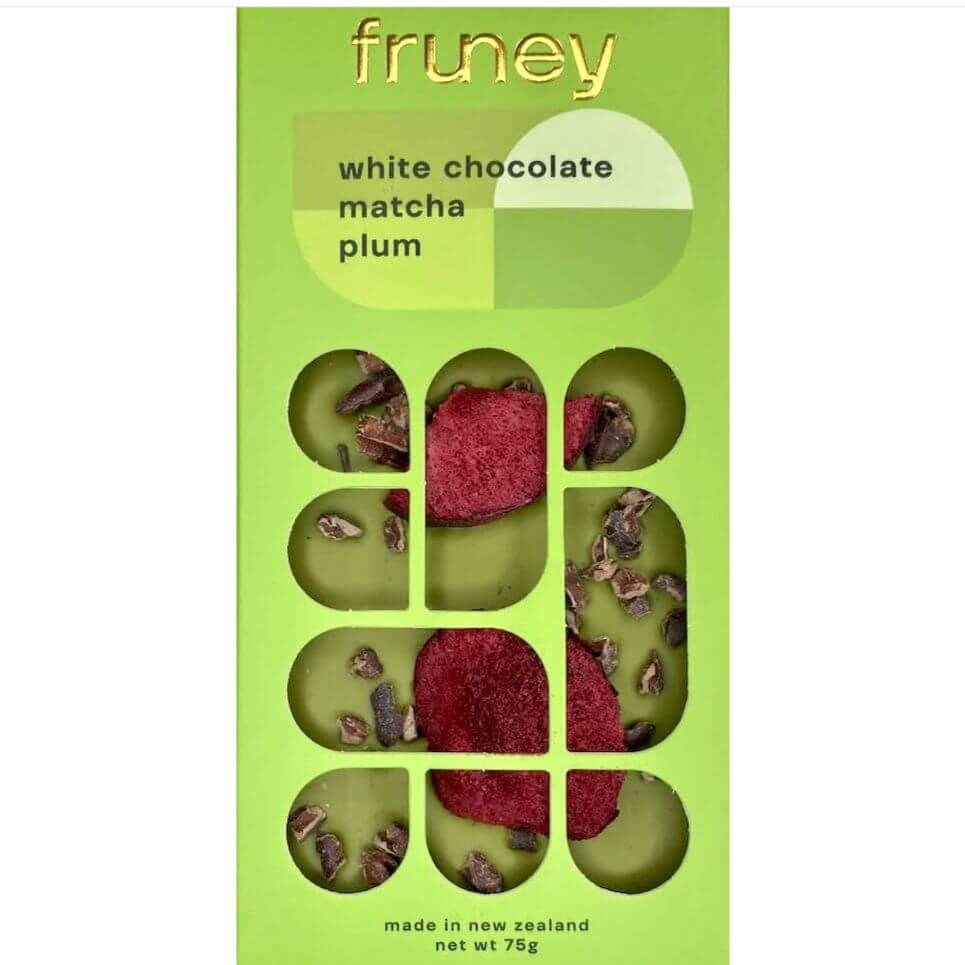 Fruney White Chocolate Matcha & Plum, a New Zealand made gluten free boutique chocolate featuring 33% white chocolate, Japanese matcha, and tart plum | Gluten Free Gift