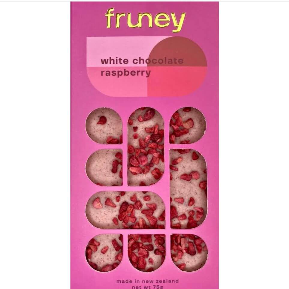 Fruney New Zealand made white chocolate and raspberry, a gluten free boutique chocolate perfect for gluten free gifts and premium gifting Mother's Day Gift. 