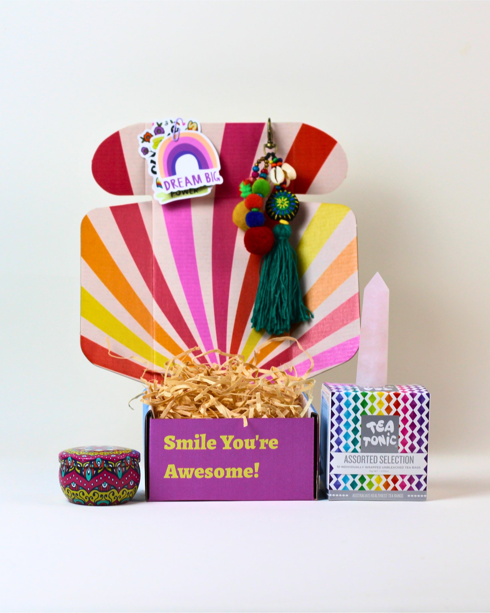 Good Energy Crystal Gift Box NZ with your choice of crystal, scented mandala candle, Tea Tonic tea sampler, boho keychain, affirmation cards and personalised gift card.