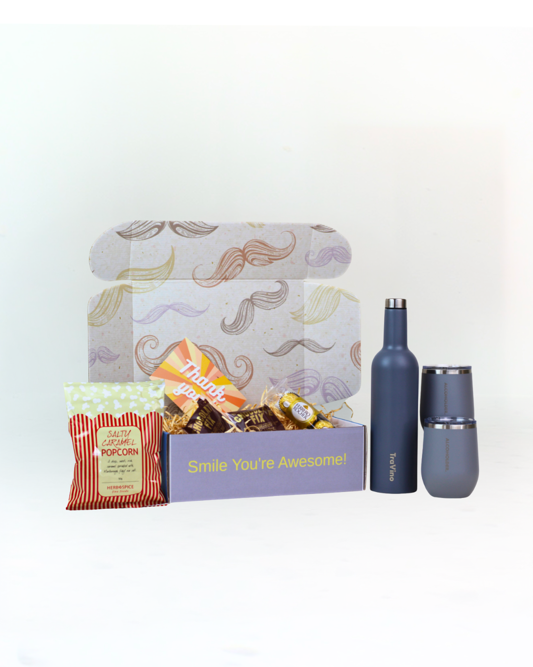 Grey Picnic & Sip Gift Box with insulated bottle, matching travel cups, gourmet popcorn, Cookie Time cookies and Ferrero Rocher chocolates.