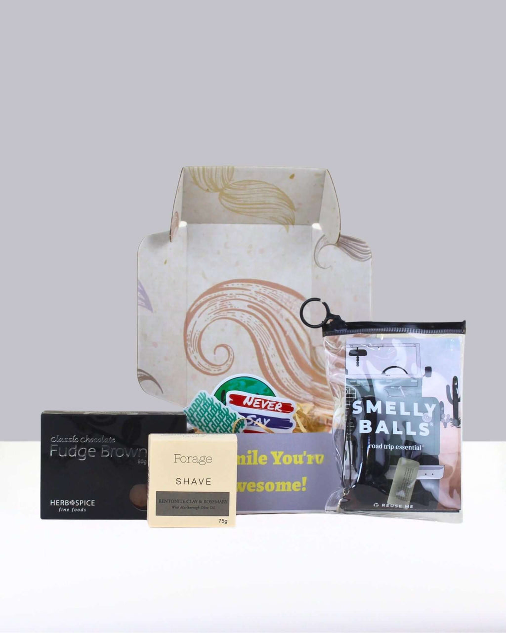 Small men’s Quirky and Fun Gift Box NZ – includes car air freshener, NZ-made shave bar, chocolate brownie, and personalised card