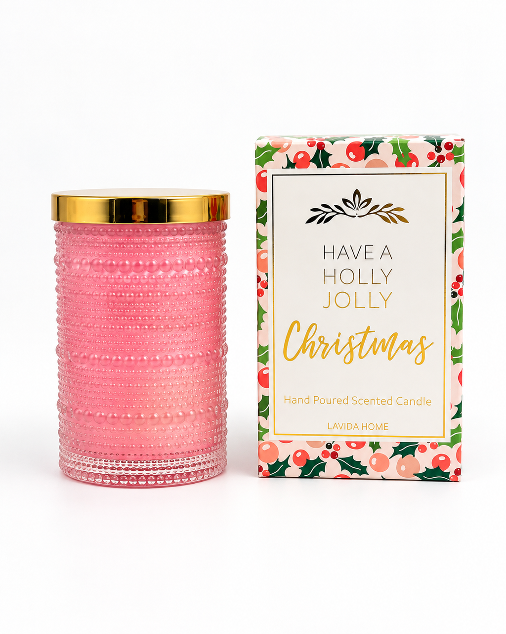 Holly Jolly Christmas Candle Gift NZ in pink textured glass jar with gold lid and festive Christmas gift box
Filename: