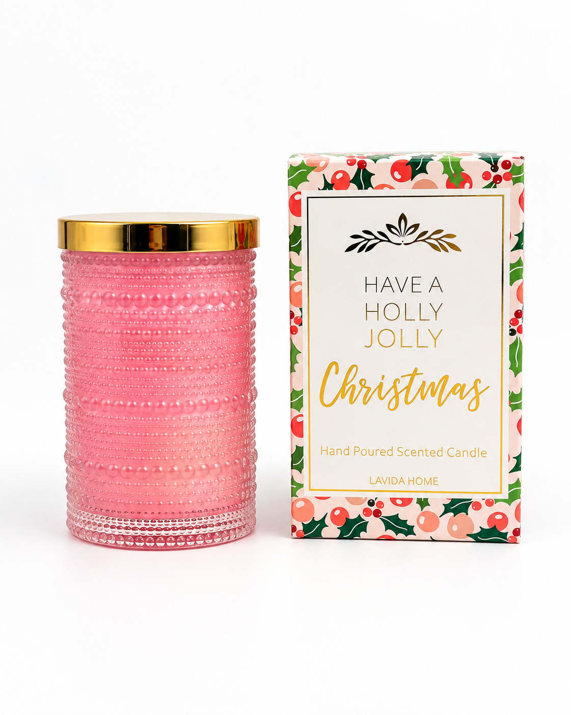 Holly Jolly Christmas Candle Gift NZ in pink textured glass jar with gold lid and festive Christmas gift box
Filename: