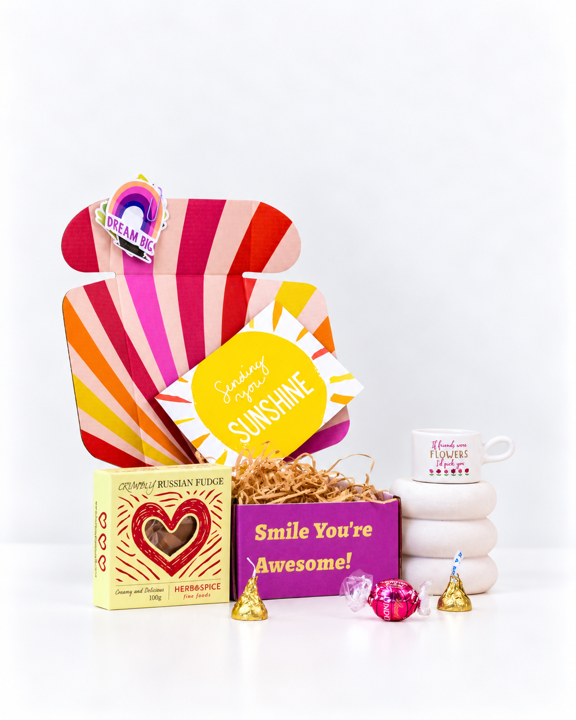 Friendship gift box NZ with If Friends Were Flowers keepsake candle holder, fudge and chocolates, beautifully packed by A Box-Full.