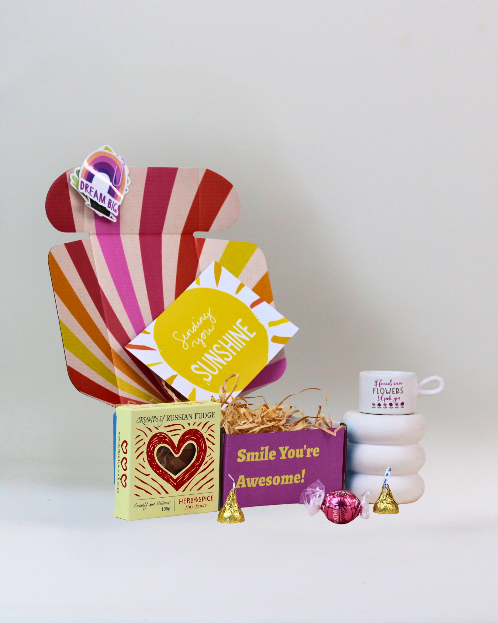 If Friends Were Flowers gift box with friendship tealight candle holder, Russian fudge, Lindor chocolate and Hershey's Kisses.