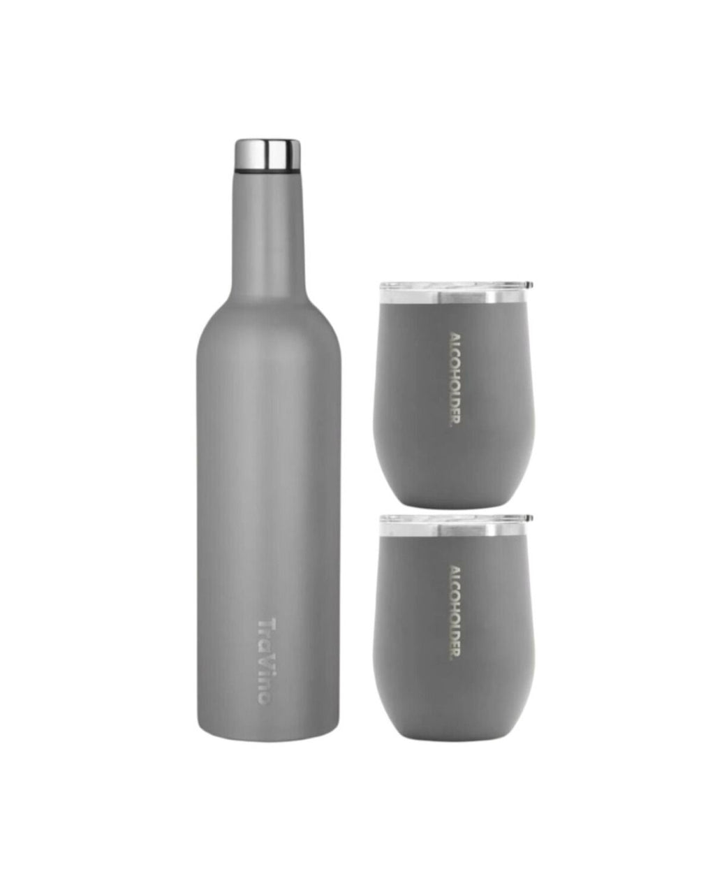 Gray insulated bottle and tumblers with brand name on a white background