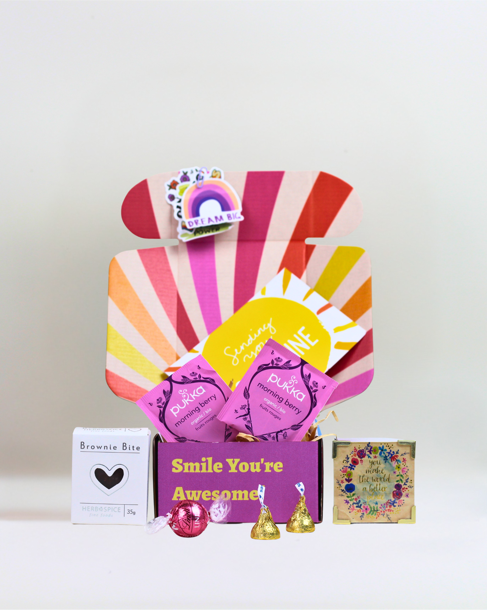Thoughtful New Zealand gift box with tea, brownie bite, chocolates and an affirmation keepsake, ideal for thinking of you, get well and just because occasions.