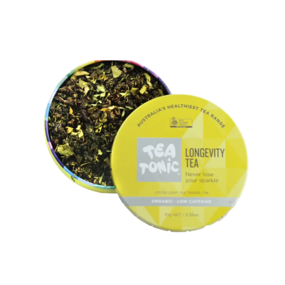Tea Tonic Longevity Tea travel-sized loose leaf wellness tea with organic botanicals and low caffeine.