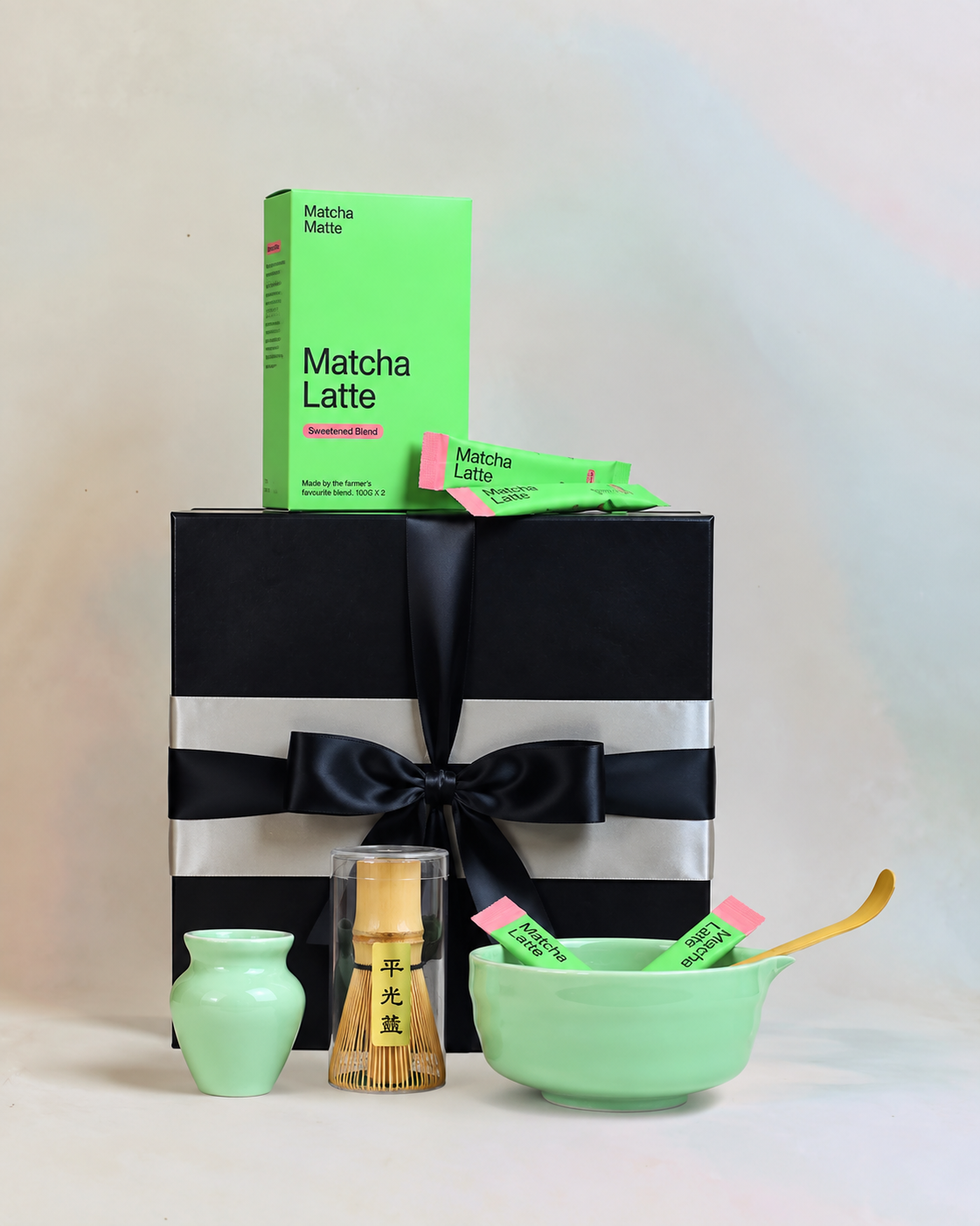Matcha Gift Box NZ with light green ceramic matcha bowl set, bamboo whisk, scoop and matcha latte