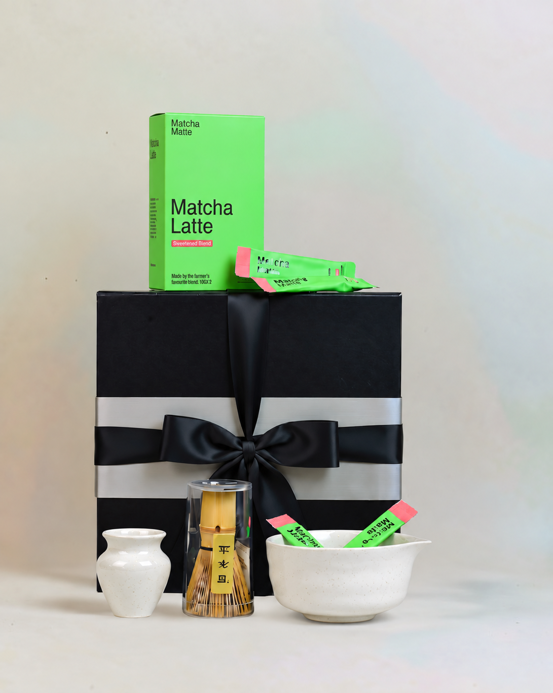 Matcha Gift Box NZ with white matcha bowl set, bamboo whisk, matcha latte and premium gift box
