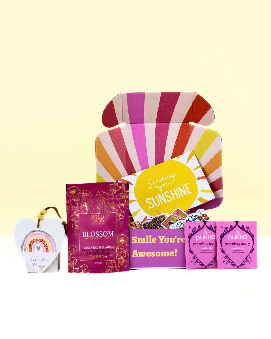 Self Care Gift Box with Wild Emery bath salts, Pukka tea and ceramic heart keepsake in Smile You Are Awesome gift box
