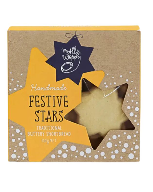 Molly Woppy festive shortbread stars – buttery, delicious cookies perfect for holiday hampers, gift boxes, and Christmas gifts NZ. Ideal as a sweet festive treat or fun add-on for seasonal gifting.