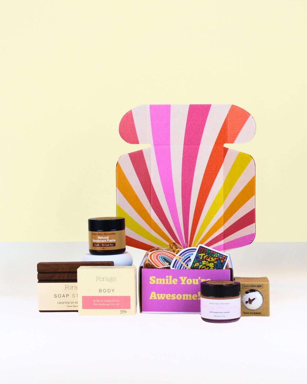 Natural Skincare Gift NZ with rose & geranium bath bomb, pink clay face mask, body bar & soap station, natural deodorant, affirmation stickers, and personalised card